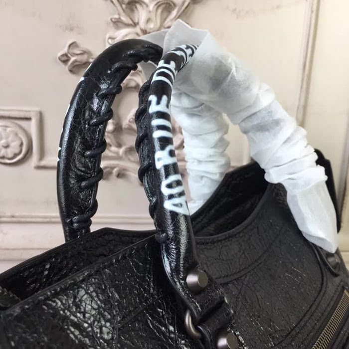 BALENCIAG巴黎世家 GRAFFITI CLASSIC CITY 30cm機車包 爆裂紋羊皮 手提肩背斜挎包  BL1462